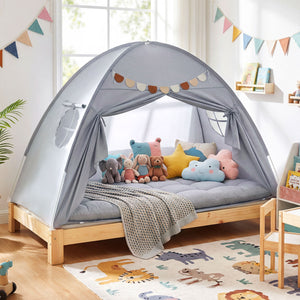 Twin Size Indoor Canopy Tent for Kids with 2 Window and Suits 3+-Grey