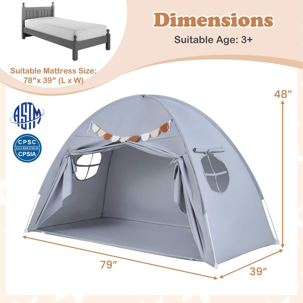Twin Size Indoor Canopy Tent for Kids with 2 Window and Suits 3+-Grey
