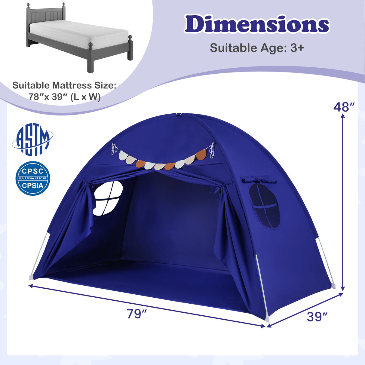 Twin Size Indoor Canopy Tent for Kids with 2 Window and Suits 3+-Navy