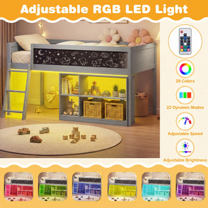 Twin Size Kids Loft Bed with LED Lights and Removable Bookcase-Gray