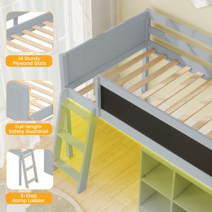 Twin Size Kids Loft Bed with LED Lights and Removable Bookcase-Gray