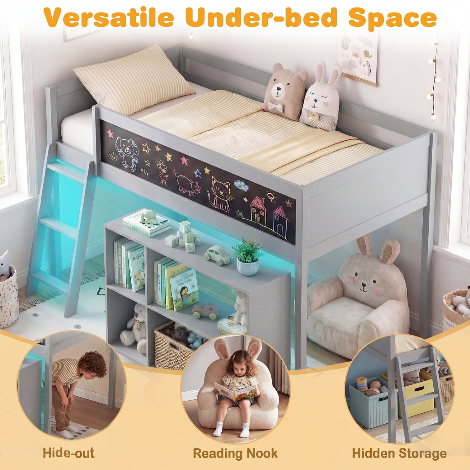 Twin Size Kids Loft Bed with LED Lights and Removable Bookcase-Gray