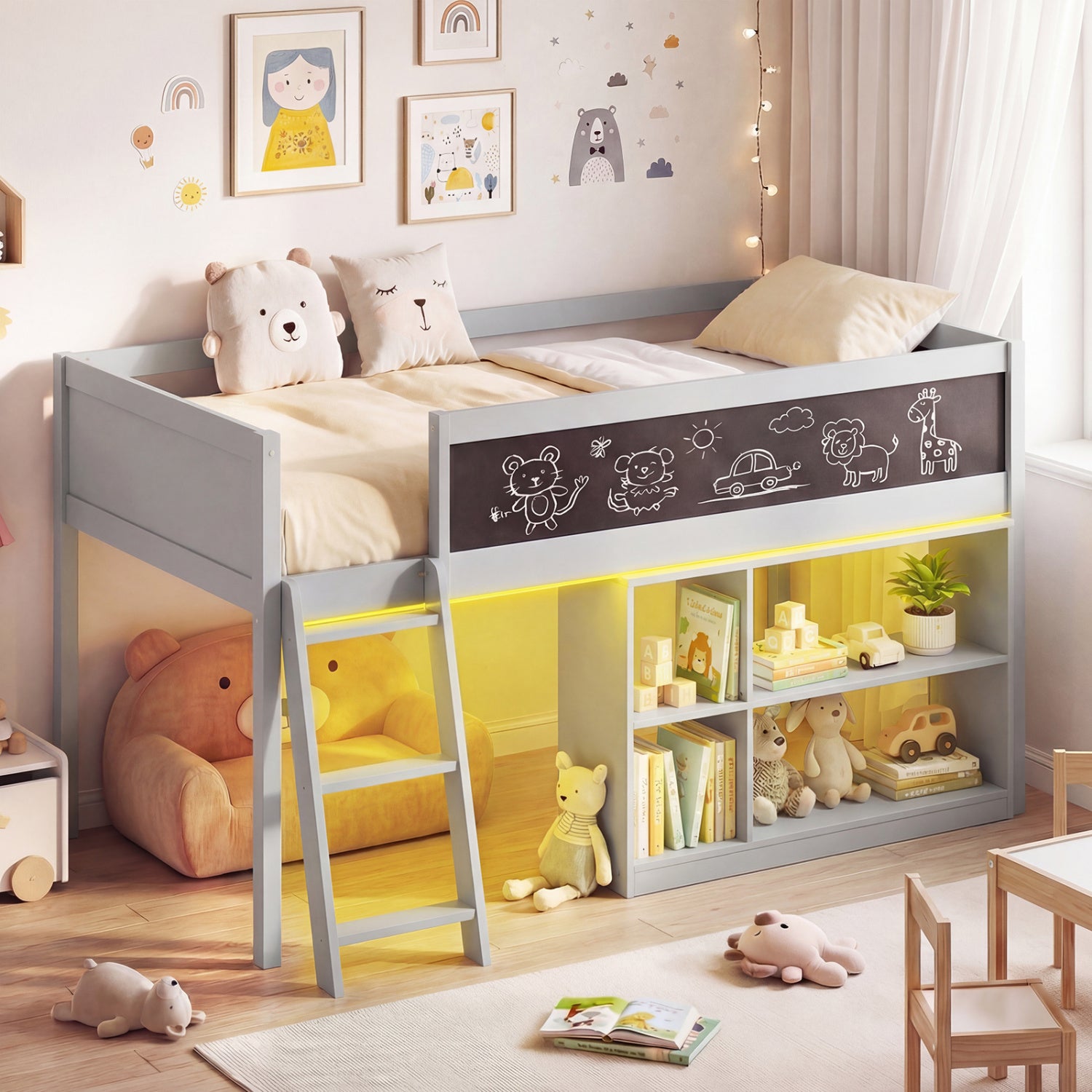Twin Size Kids Loft Bed with LED Lights and Removable Bookcase-Gray