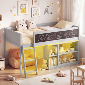 Twin Size Kids Loft Bed with LED Lights and Removable Bookcase-Gray