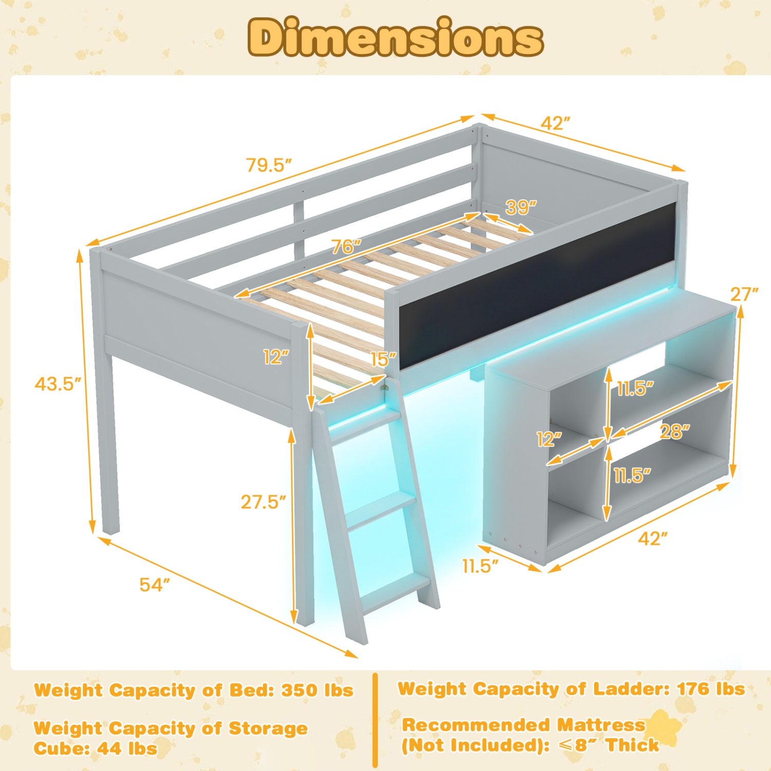 Twin Size Kids Loft Bed with LED Lights and Removable Bookcase-Gray