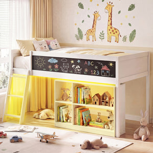 Twin Size Kids Loft Bed with LED Lights and Removable Bookcase-White