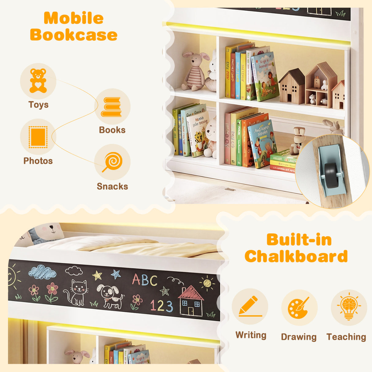 Twin Size Kids Loft Bed with LED Lights and Removable Bookcase-White