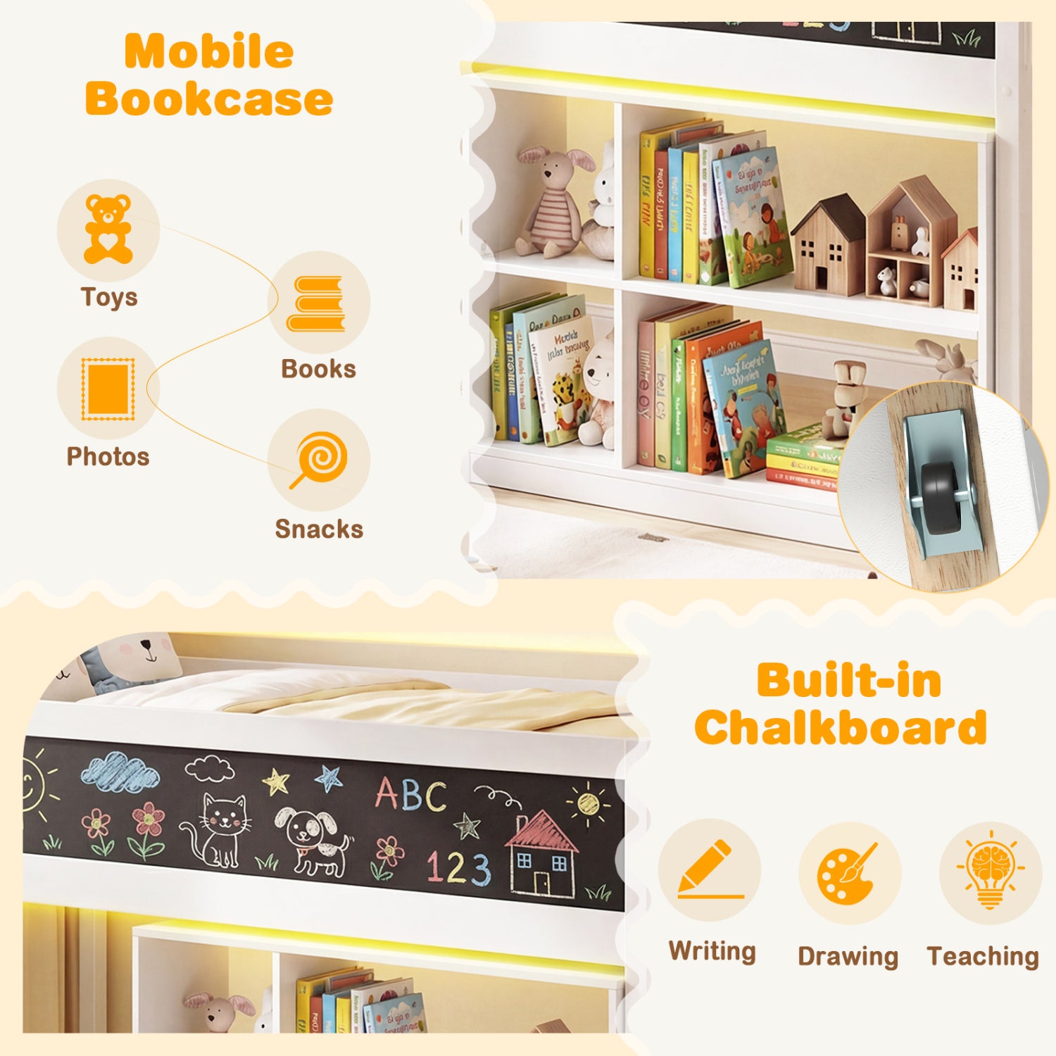 Twin Size Kids Loft Bed with LED Lights and Removable Bookcase-White
