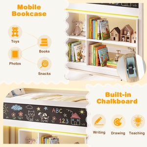 Twin Size Kids Loft Bed with LED Lights and Removable Bookcase-White