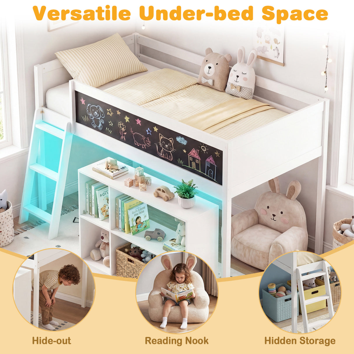 Twin Size Kids Loft Bed with LED Lights and Removable Bookcase-White