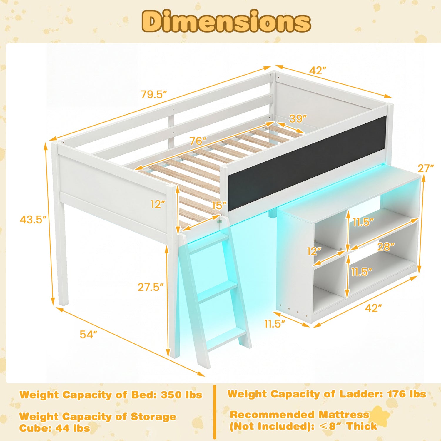 Twin Size Kids Loft Bed with LED Lights and Removable Bookcase-White