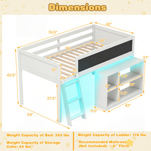 Twin Size Kids Loft Bed with LED Lights and Removable Bookcase-White