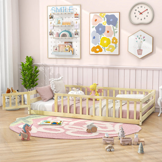 Twin Size Kids Wood Montessori Floor Bed with Door and Fence-Natural