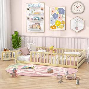 Twin Size Kids Wood Montessori Floor Bed with Door and Fence-Natural