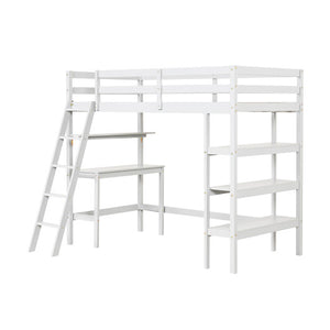 Twin Size Loft Bed with Desk and Bookshelves for Kids and Teens-White