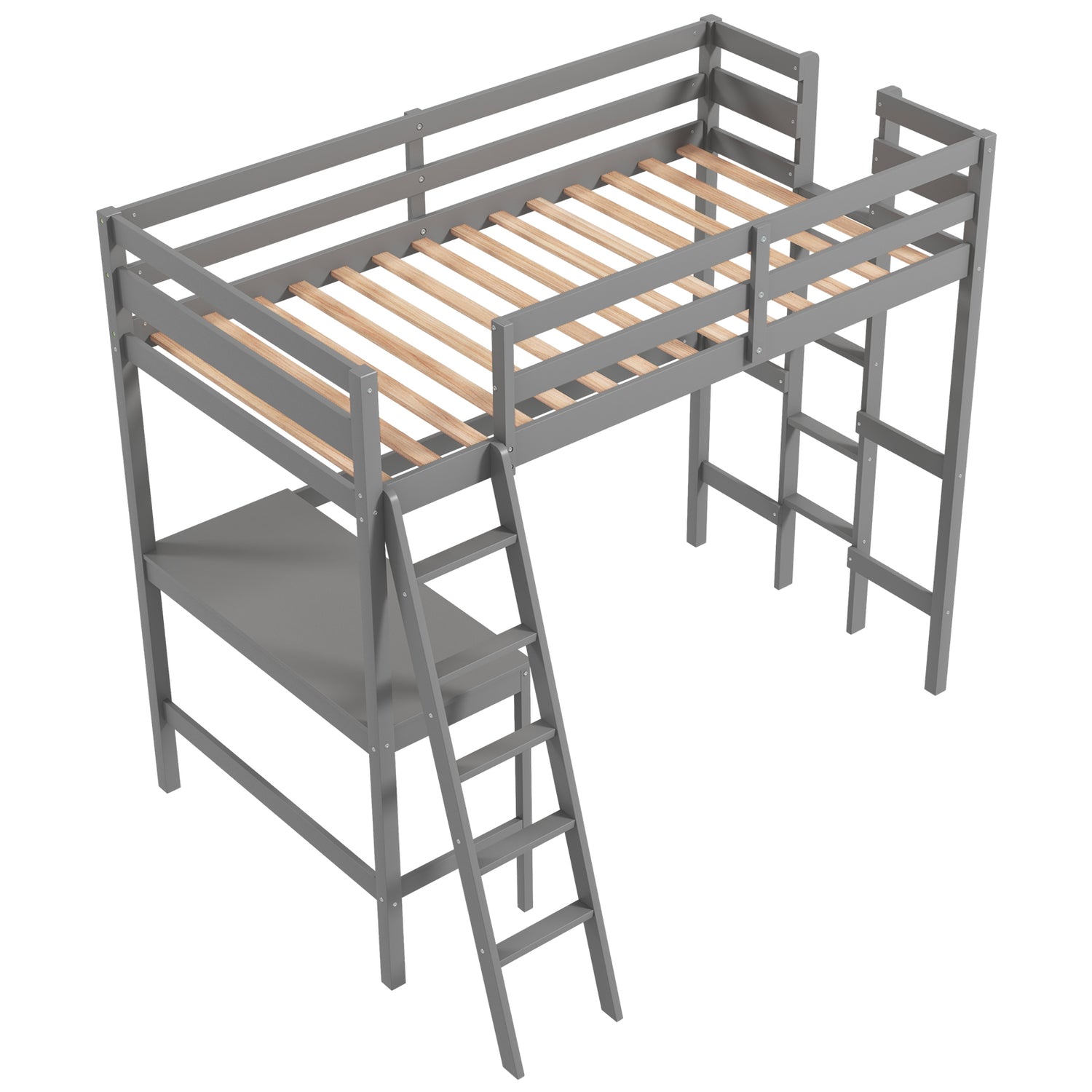 Twin Size Loft Bed Frame with Desk Angled and Built-in Ladder-White