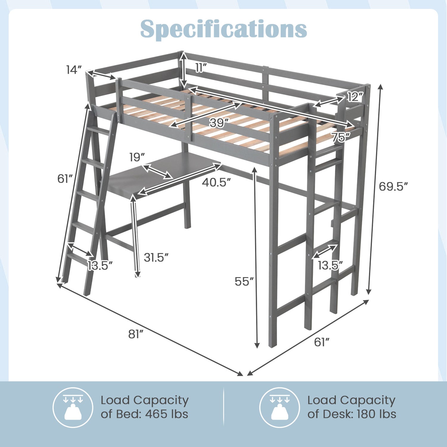 Twin Size Loft Bed Frame with Desk Angled and Built-in Ladder-White