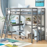 Twin Size Loft Bed Frame with Desk Angled and Built-in Ladder-White