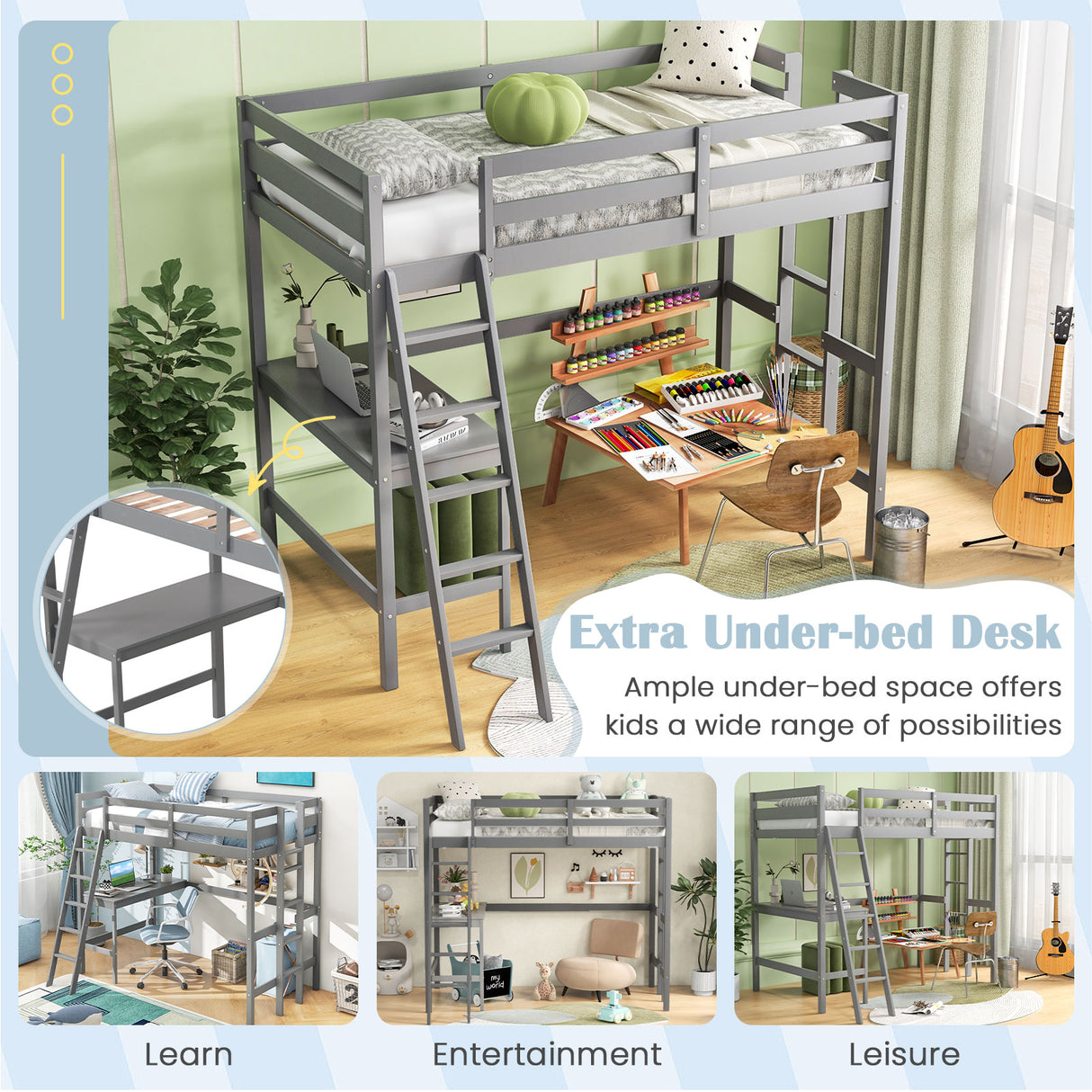 Twin Size Loft Bed Frame with Desk Angled and Built-in Ladder-White