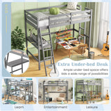 Twin Size Loft Bed Frame with Desk Angled and Built-in Ladder-White