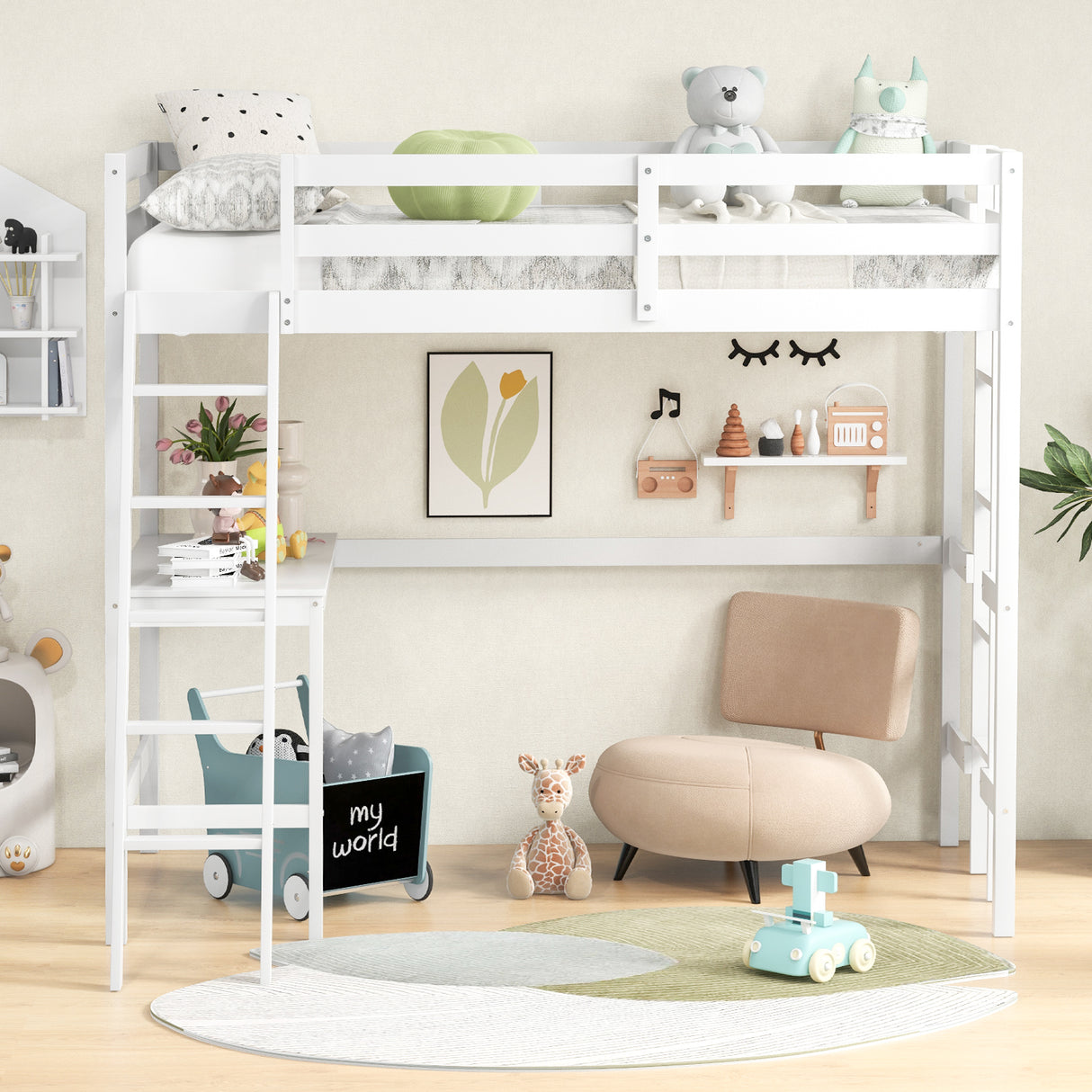 Twin Size Loft Bed Frame with Desk Angled and Built-in Ladder-White