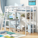 Twin Size Loft Bed Frame with Desk Angled and Built-in Ladder-White
