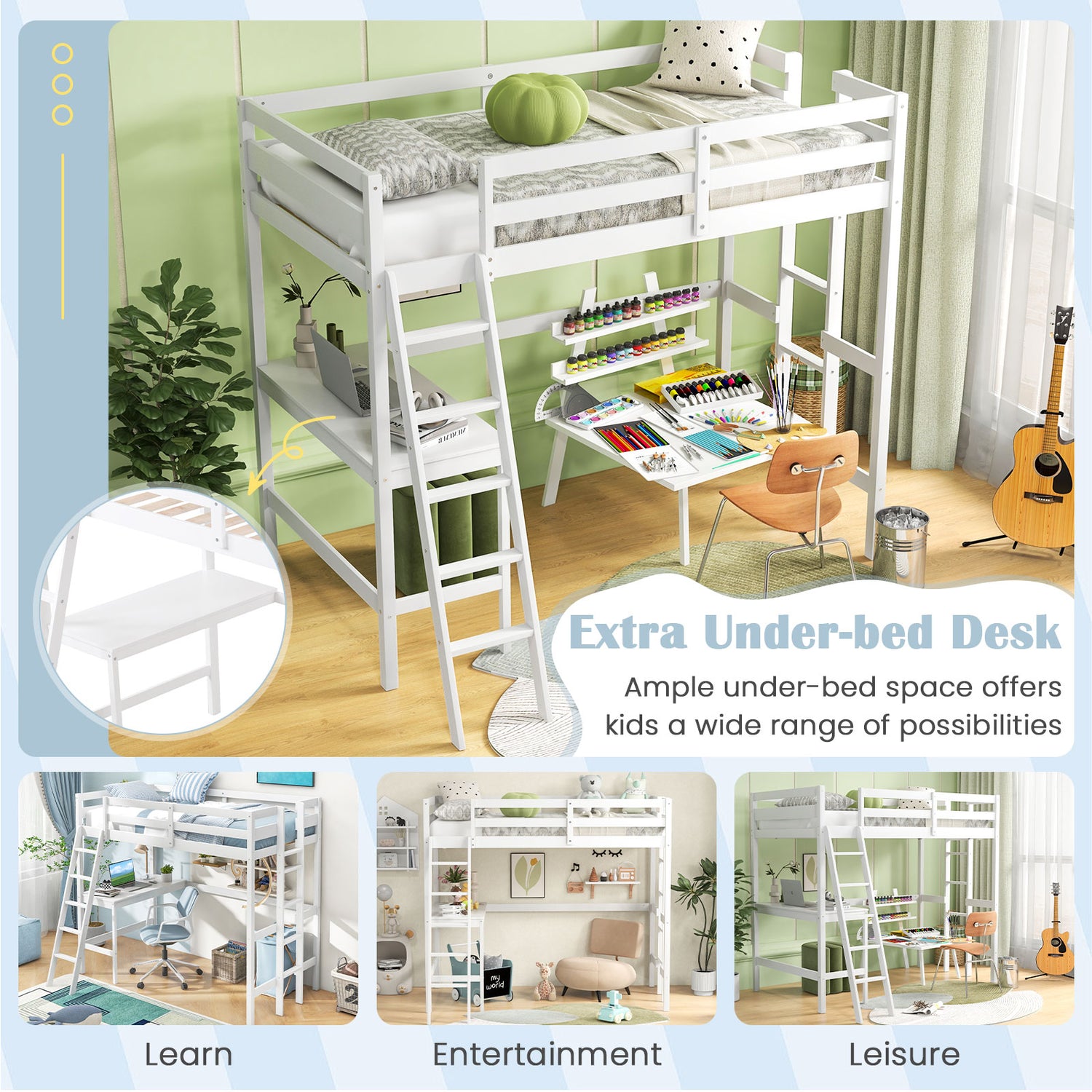 Twin Size Loft Bed Frame with Desk Angled and Built-in Ladder-White