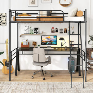 Twin Size Loft Bed Metal Bed Frame with Ladder and Guardrails-Black