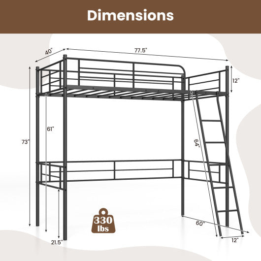 Twin Size Loft Bed Metal Bed Frame with Ladder and Guardrails-Black