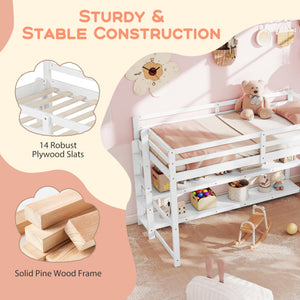 Twin Size Loft Bed with Storage Shelves Full-length Guardrails and Ladder-White