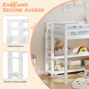 Twin Size Loft Bed with Storage Shelves Full-length Guardrails and Ladder-White