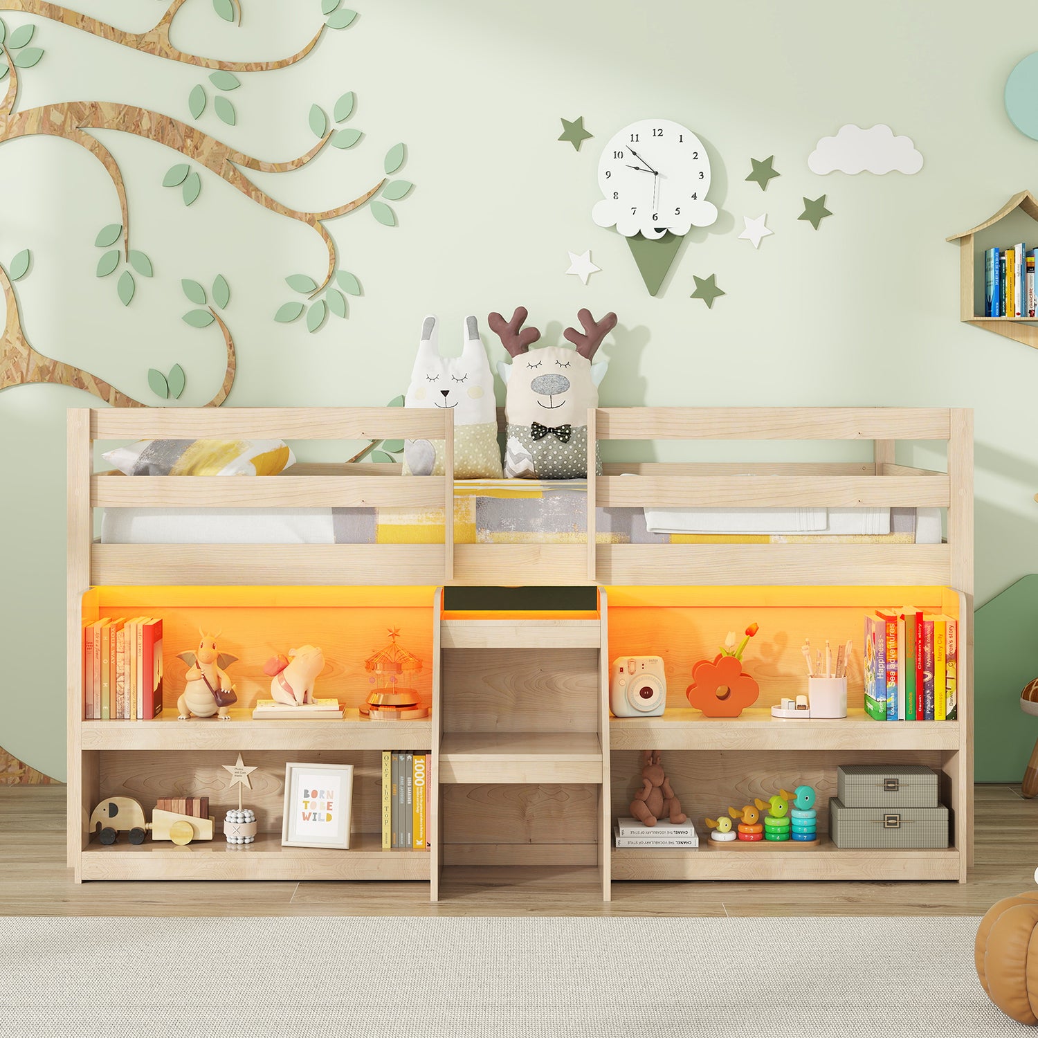 Twin Size Loft Bed with LED Lights with Staircase and Safety Guardrail-Natural