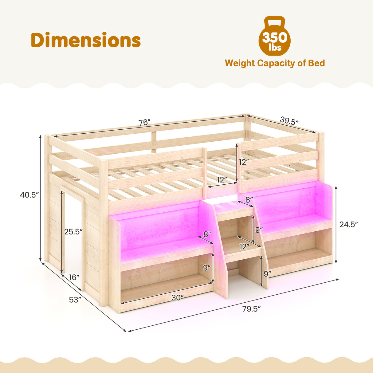 Twin Size Loft Bed with LED Lights with Staircase and Safety Guardrail-Natural