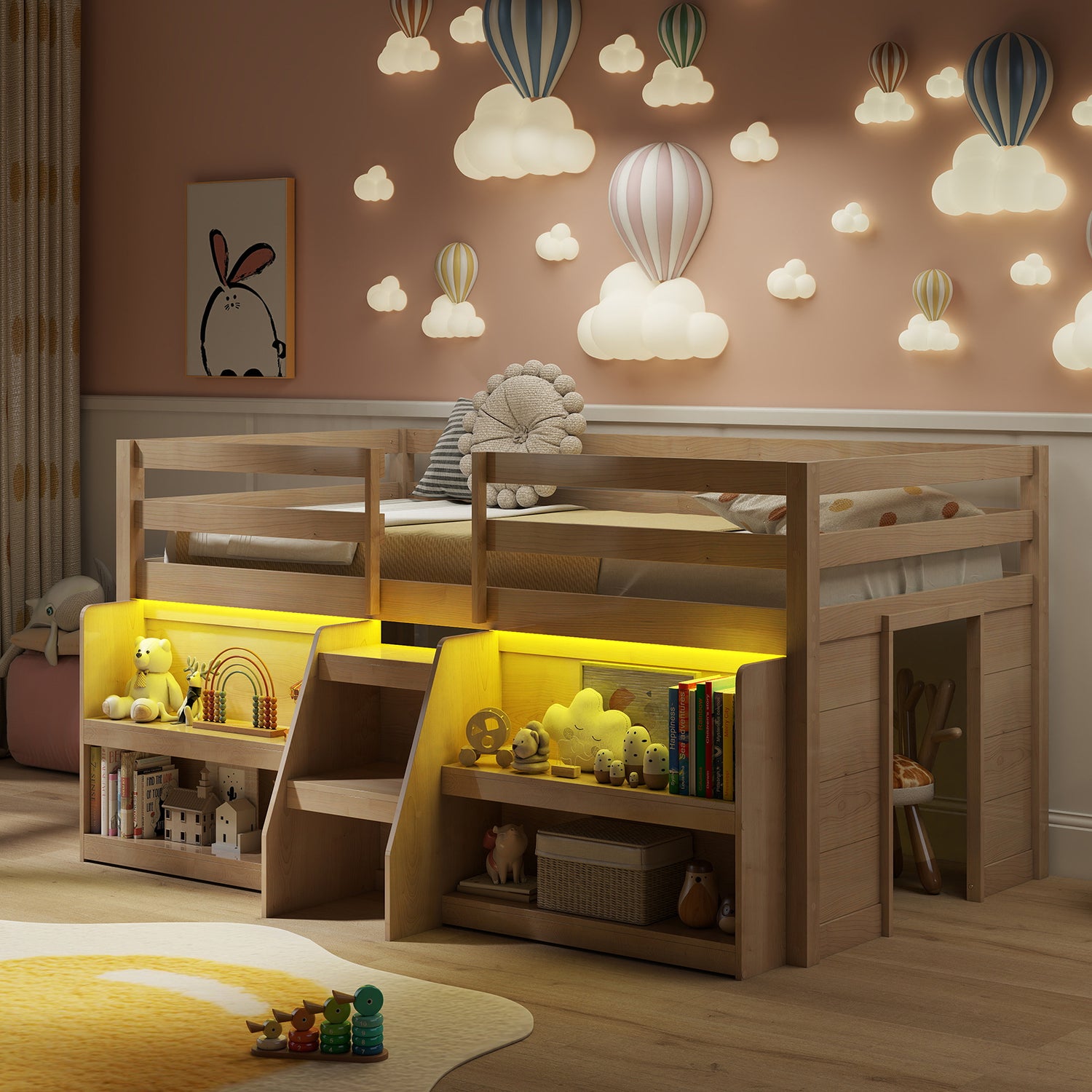 Twin Size Loft Bed with LED Lights with Staircase and Safety Guardrail-Natural