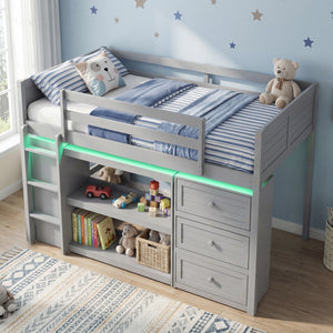 Twin Size Loft Bed with LED Lights and Underbed Space for Kids-Gray