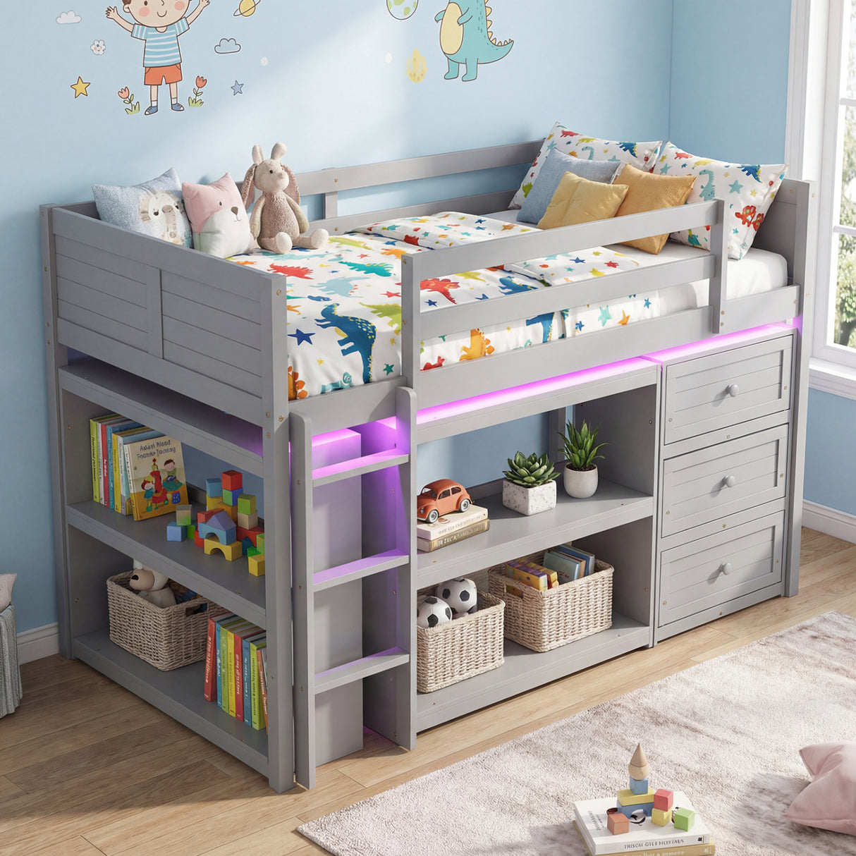 Twin Size Loft Bed with LED Lights and Underbed Space for Kids-Gray