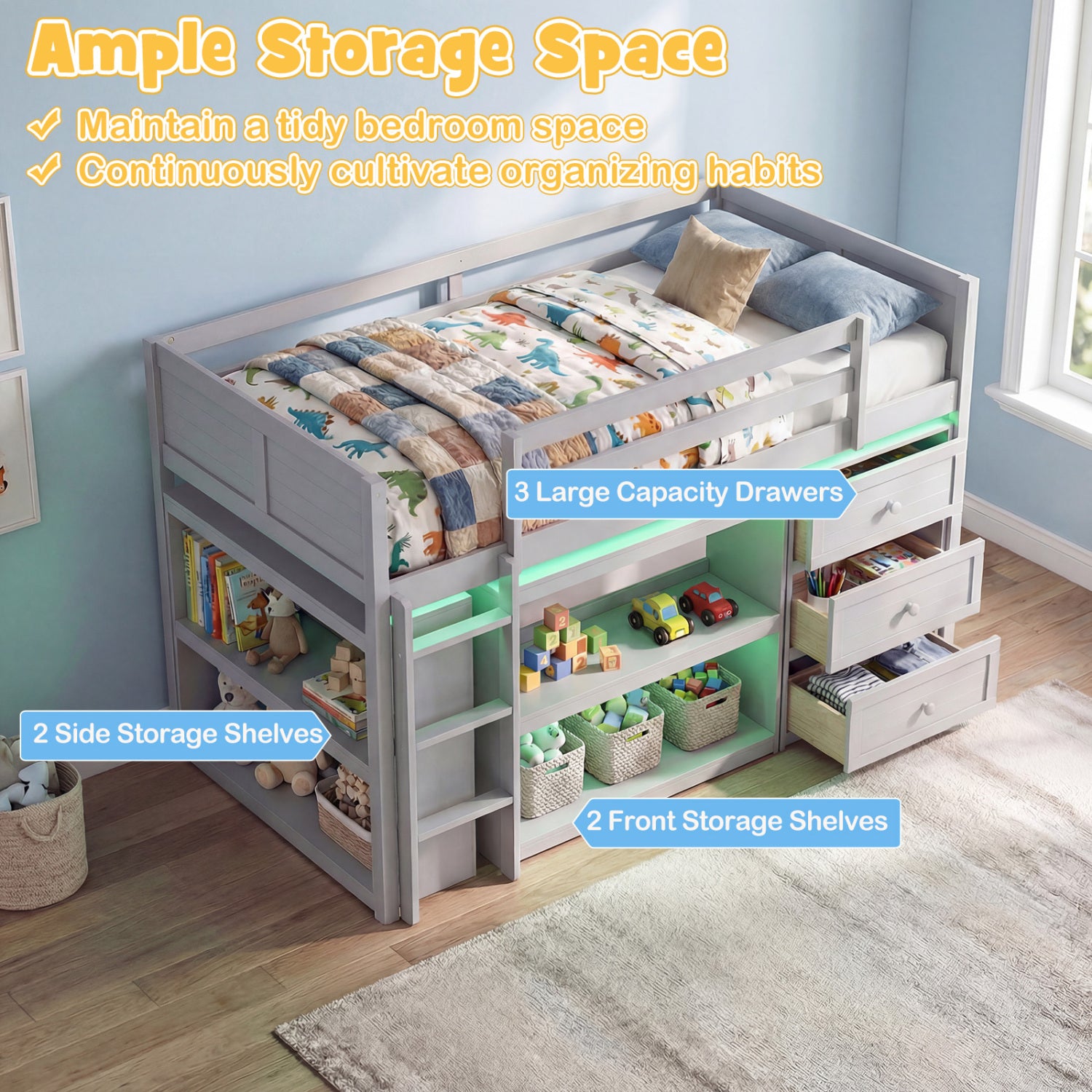 Twin Size Loft Bed with LED Lights and Underbed Space for Kids-Gray