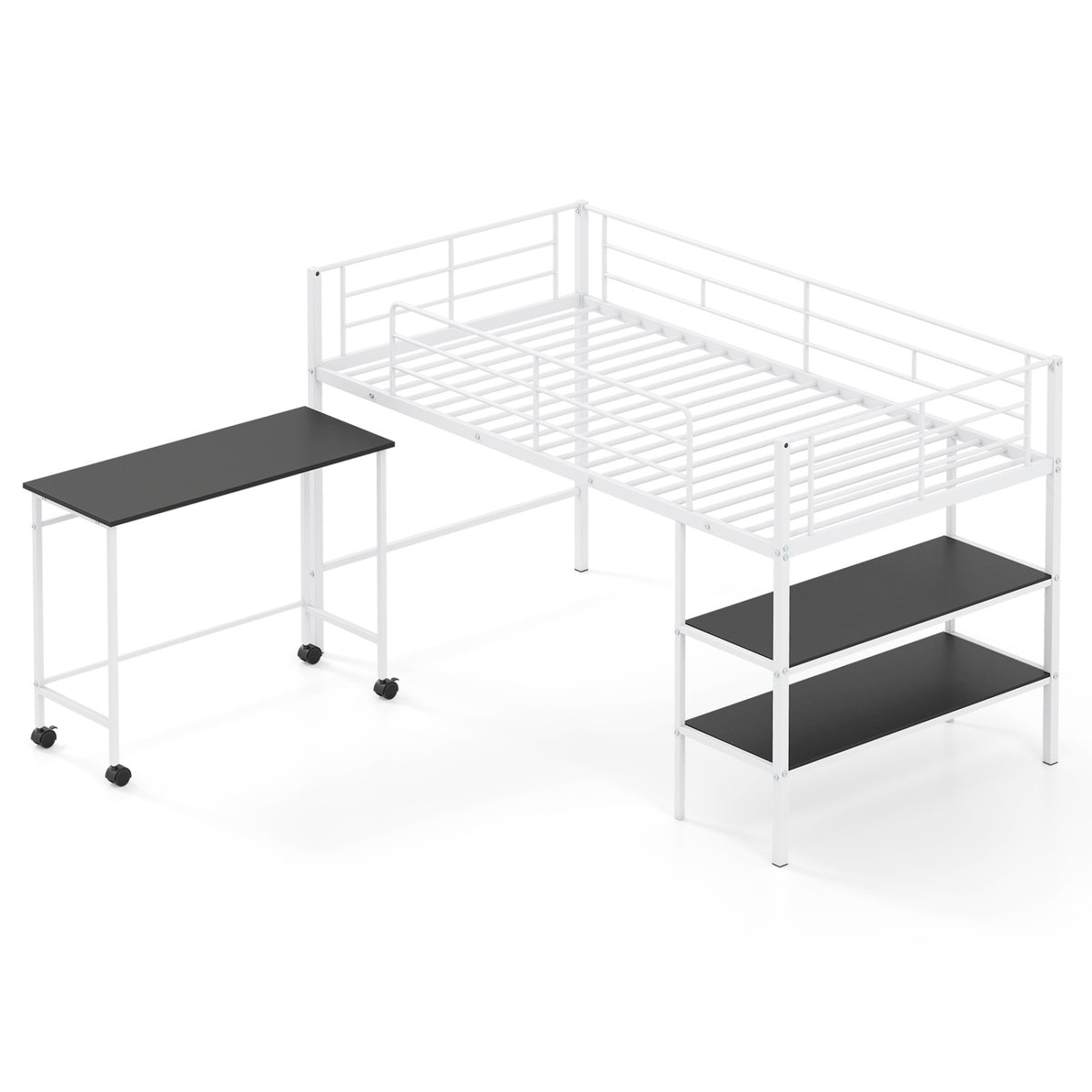 Twin Size Loft Bed with Rolling Desk and Bookshelf Platform Bed Frame-White