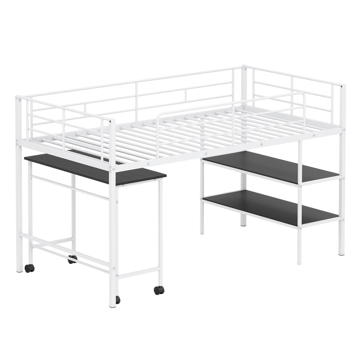 Twin Size Loft Bed with Rolling Desk and Bookshelf Platform Bed Frame-White