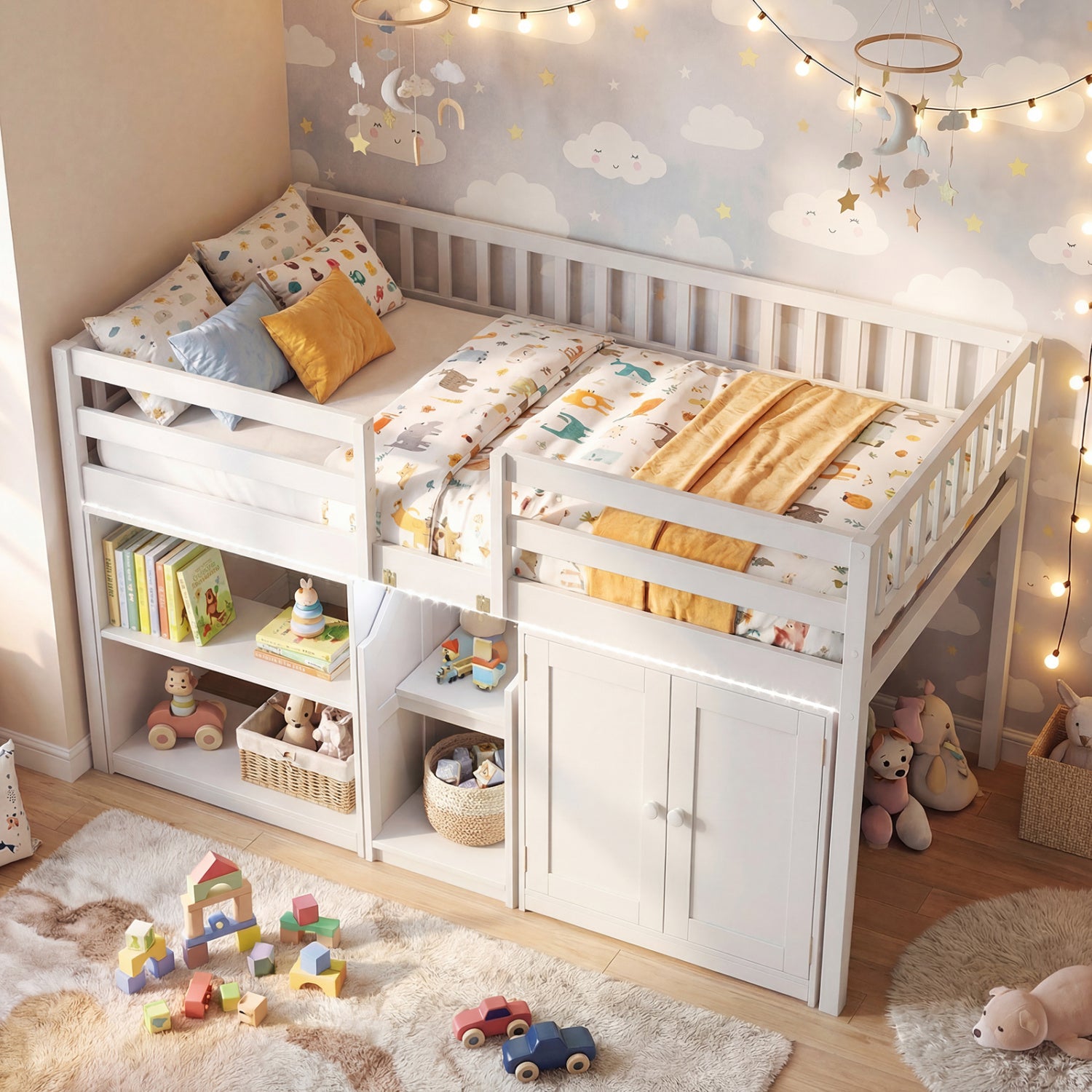 Twin Size Loft Bed with LED Lights and Kids Wooden Bed Frame-White