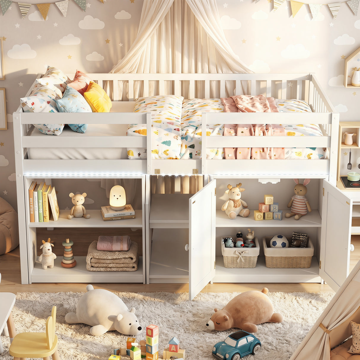Twin Size Loft Bed with LED Lights and Kids Wooden Bed Frame-White