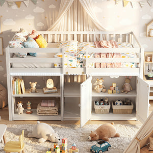 Twin Size Loft Bed with LED Lights and Kids Wooden Bed Frame-White