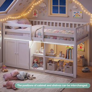 Twin Size Loft Bed with LED Lights and Kids Wooden Bed Frame-White