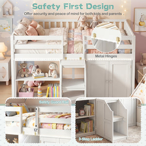 Twin Size Loft Bed with LED Lights and Kids Wooden Bed Frame-White