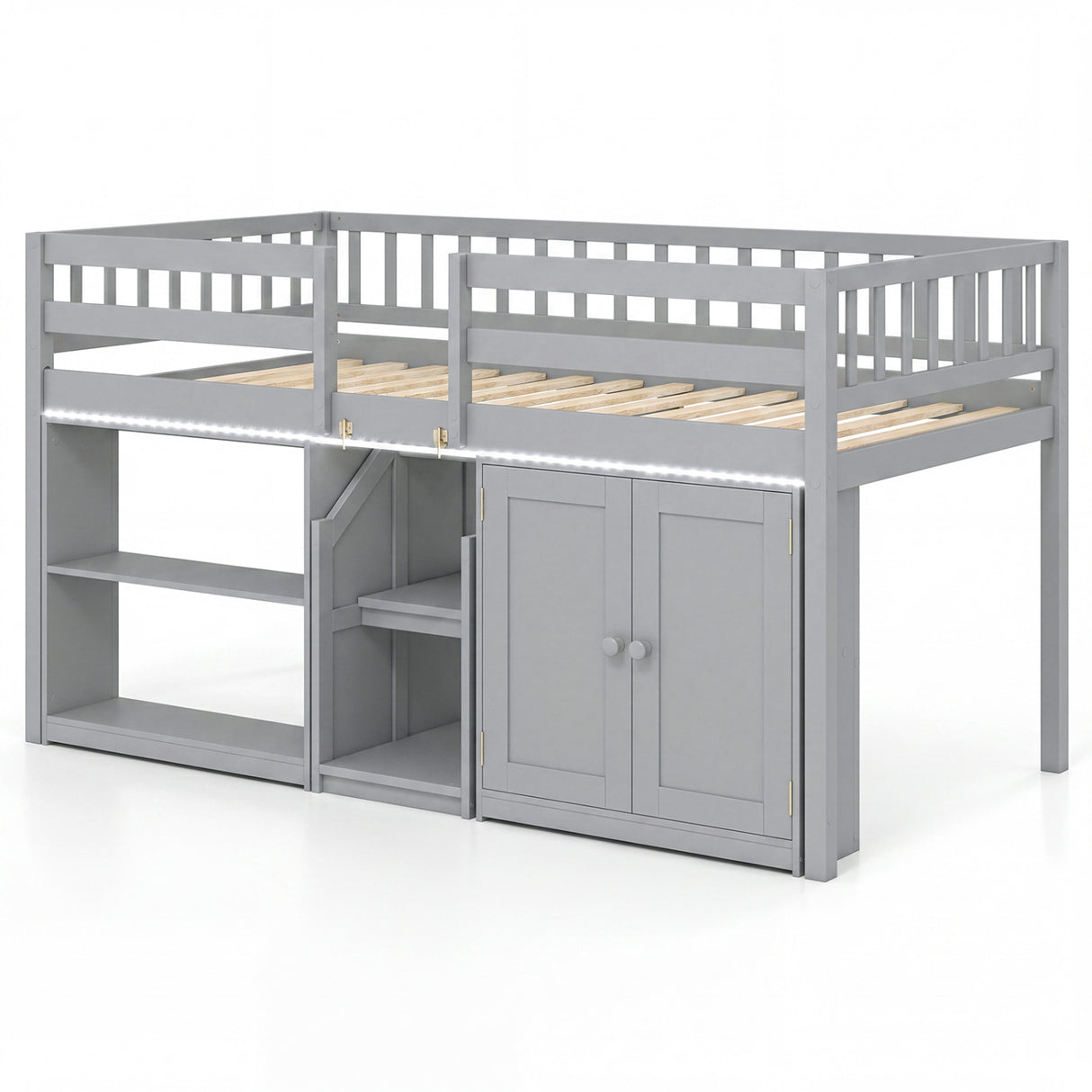 Twin Size Loft Bed with LED Lights and Kids Wooden Bed Frame-Gray
