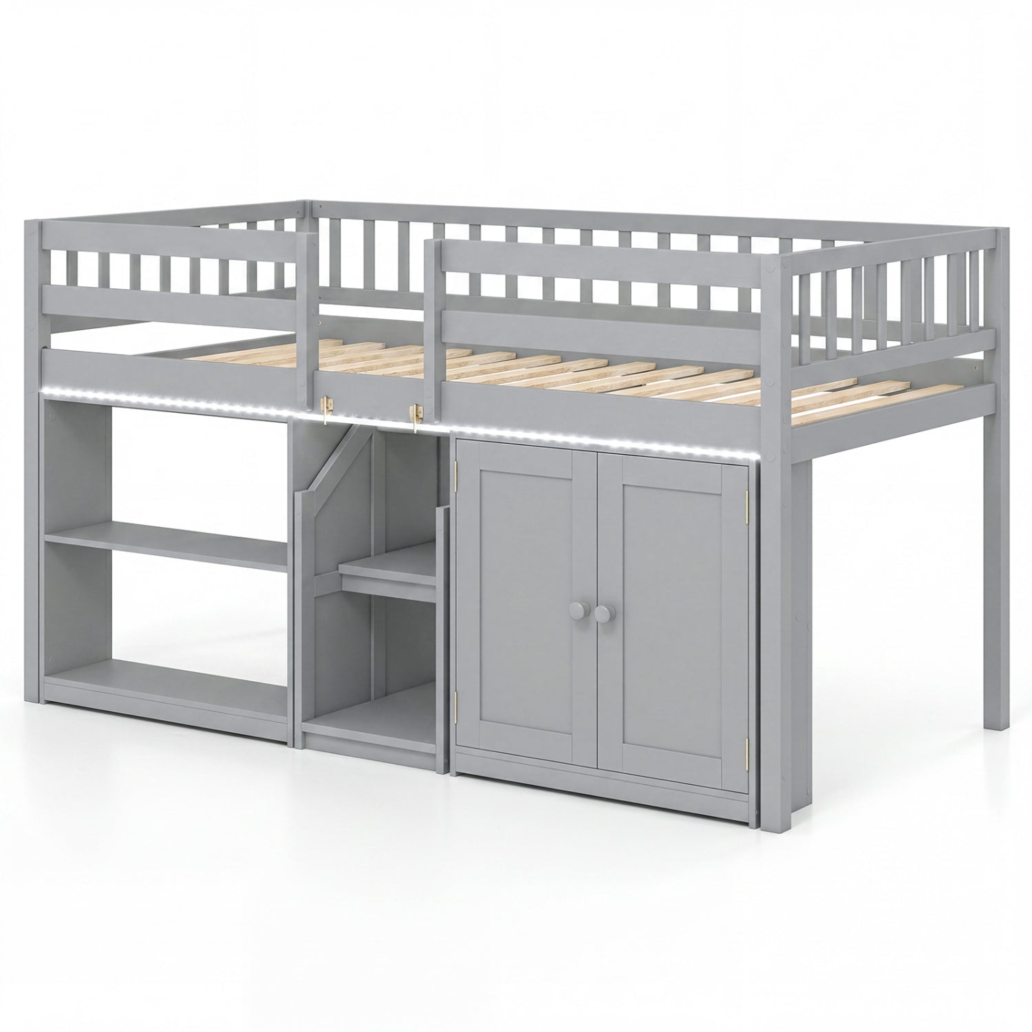 Twin Size Loft Bed with LED Lights and Kids Wooden Bed Frame-Gray