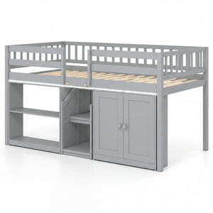 Twin Size Loft Bed with LED Lights and Kids Wooden Bed Frame-Gray