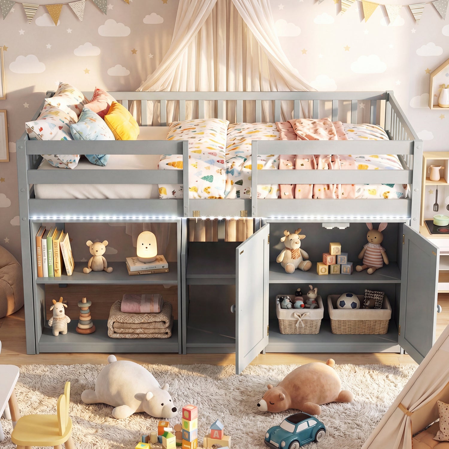 Twin Size Loft Bed with LED Lights and Kids Wooden Bed Frame-Gray