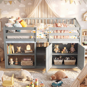 Twin Size Loft Bed with LED Lights and Kids Wooden Bed Frame-Gray