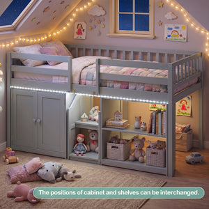 Twin Size Loft Bed with LED Lights and Kids Wooden Bed Frame-Gray